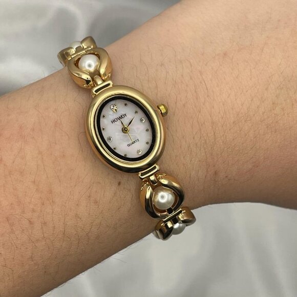 Women's Dainty Gold and White Pearl Bracelet Watch - Picture 3 of 7